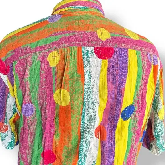 Vintage 90s Jams World Crinkle Shirt Small Multicolor Striped Polka Dot Retro - Picture 6 of 11